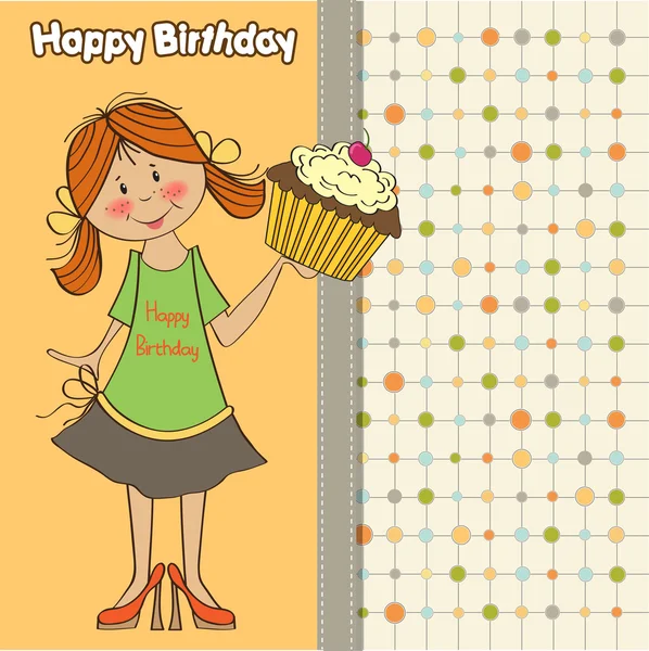 Вітальна листівка на день народження з дівчиною та великим кексом — стокове фото
