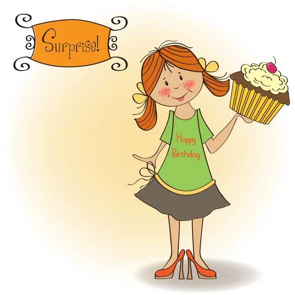 Verjaardag wenskaart met meisje en grote cupcake — Stockfoto