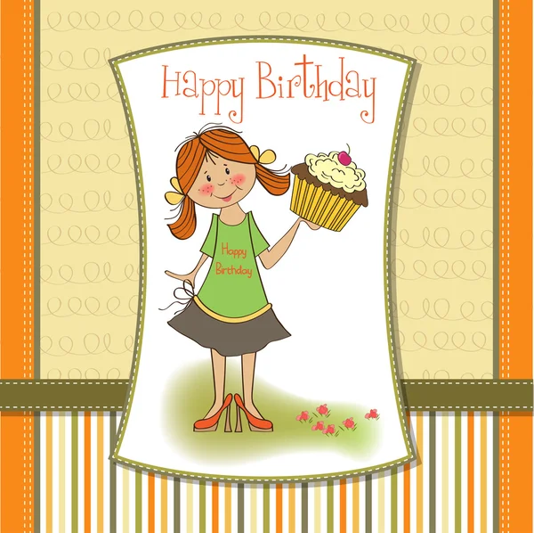 Ευχετήρια κάρτα γενεθλίων με κορίτσι και μεγάλο cupcake — Φωτογραφία Αρχείου