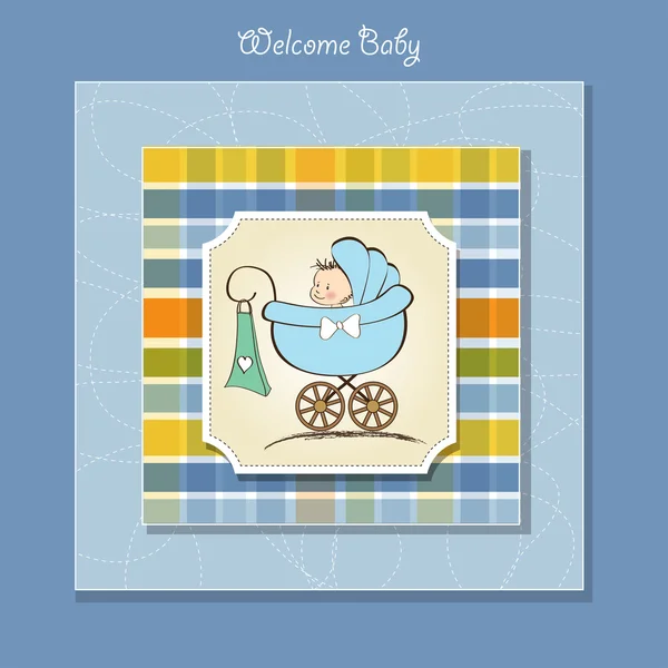 Bebê menino anúncio cartão com bebê e carrinho — Fotografia de Stock