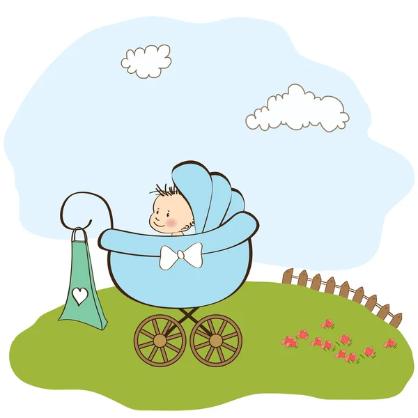 Baby pojke meddelande kort med baby och barnvagn — Stockfoto