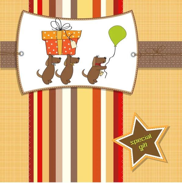큰 선물을 주는 개가 세 마리야. 생일 축하 카드 — 스톡 사진
