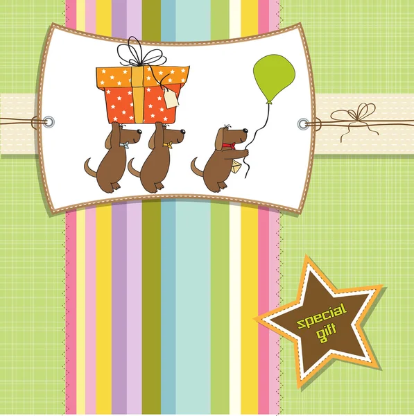 Tres perros que ofrecen un gran regalo. tarjeta de felicitación de cumpleaños — Foto de Stock