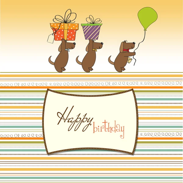 Trzy psy, które oferują duży prezent. kartka urodzinowa — Zdjęcie stockowe