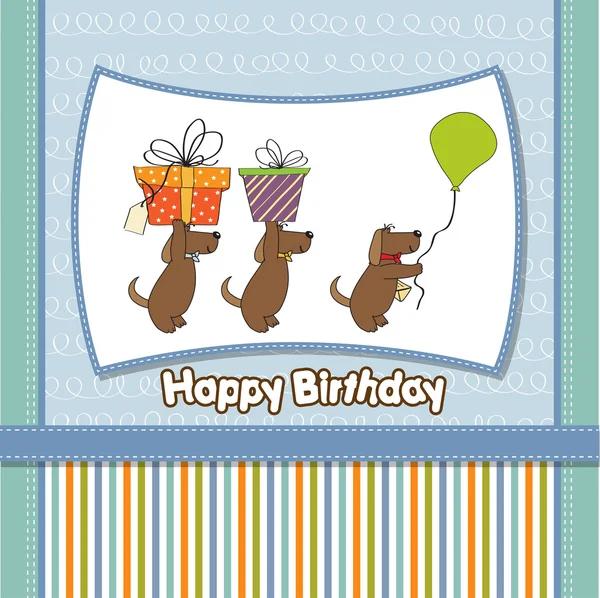 Büyük bir hediye sunan üç köpek. doğum günü tebrik kartı — Stok fotoğraf