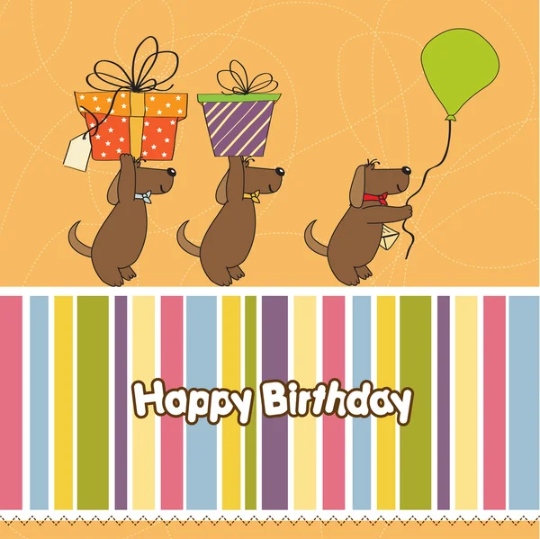 Drei Hunde, die ein großes Geschenk machen. Geburtstagsgrußkarte — Stockfoto