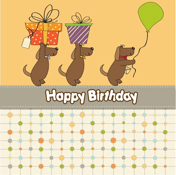 Três cães que oferecem um grande presente. cartão de felicitações aniversário — Fotografia de Stock