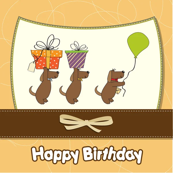 Trzy psy, które oferują duży prezent. kartka urodzinowa — Zdjęcie stockowe
