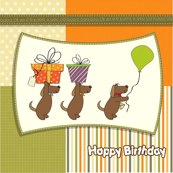 Τρία σκυλιά που προσφέρουν ένα μεγάλο δώρο. ευχετήρια κάρτα γενεθλίων — Φωτογραφία Αρχείου