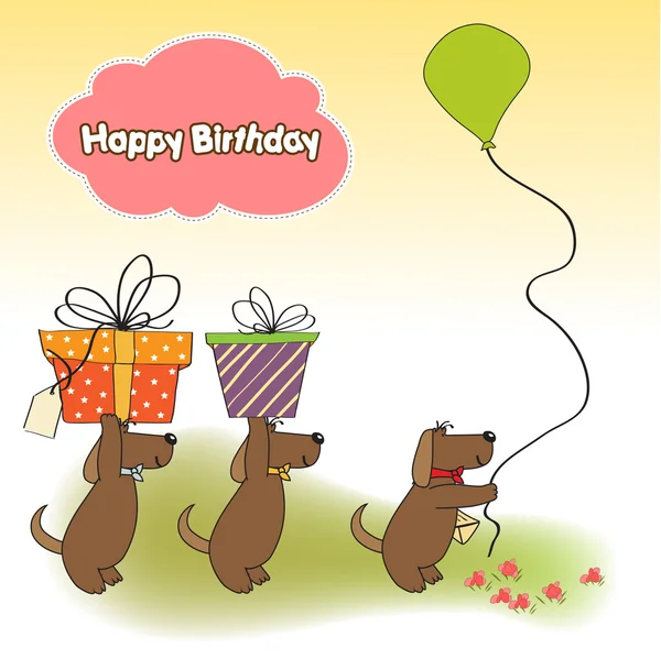 Három kutya, akik nagy ajándékot kínálnak. születésnapi üdvözlőlap — Stock Fotó