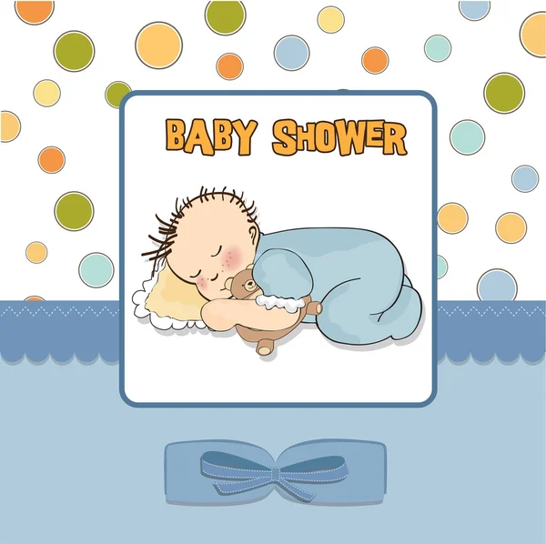 작은 남자 아이는 테디 베어 장난감을 가지고 자고 있습니다. — 스톡 사진