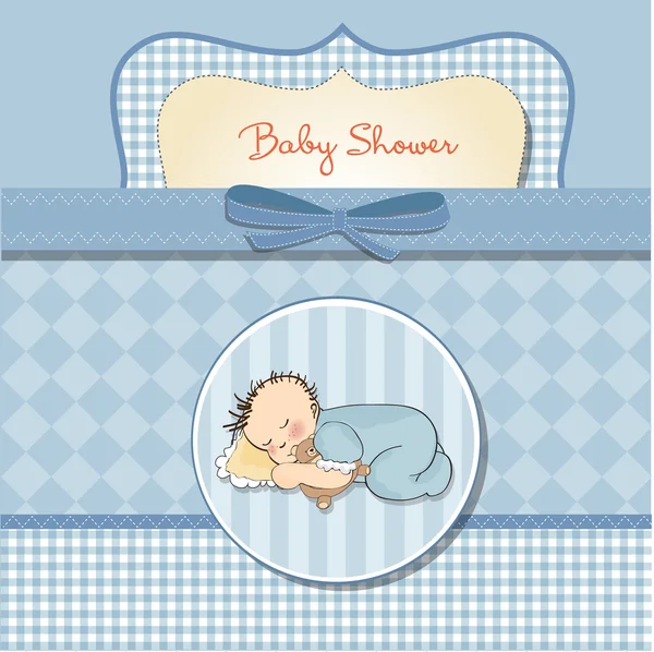 작은 남자 아이는 테디 베어 장난감을 가지고 자고 있습니다. — 스톡 사진