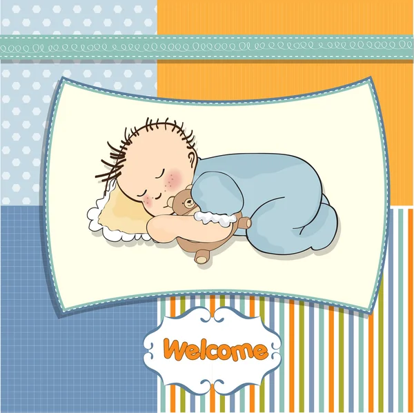 Küçük bebek oyuncak ayısıyla uyuyor. — Stok fotoğraf