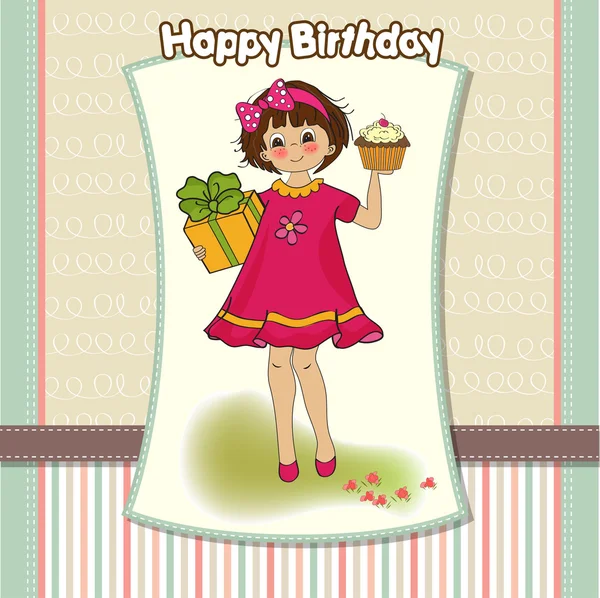生日贺卡，有女孩和大杯蛋糕 — 图库照片