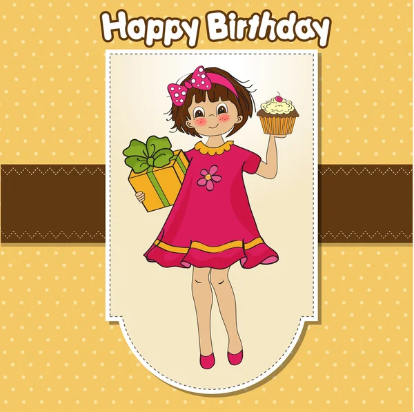 Födelsedag gratulationskort med flicka och stor cupcake — Stockfoto