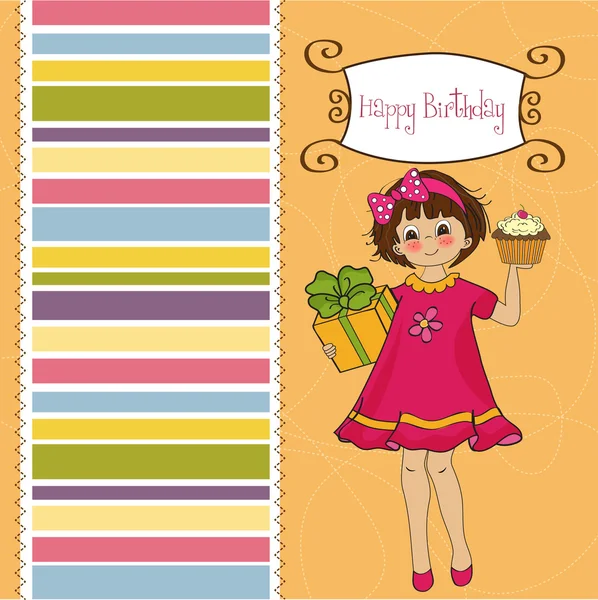 Cartão de aniversário com menina e grande cupcake — Fotografia de Stock