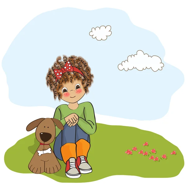 Curly little girl and her dog — Stock Photo, Image