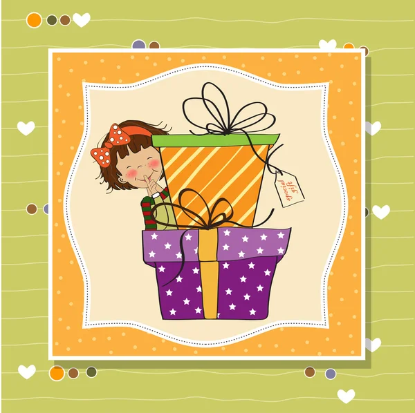 Cute little girl hidden behind boxes of gifts. happy birthday greeting card — Stock Photo, Image