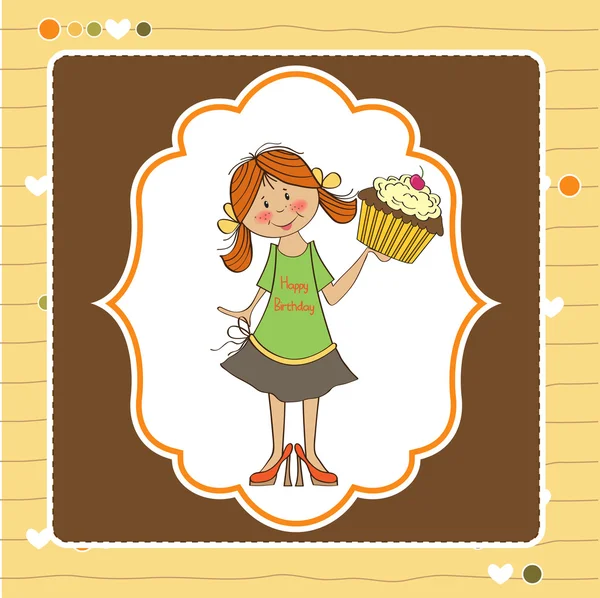 Birthday greeting card with girl and big cupcake — Stock Photo, Image