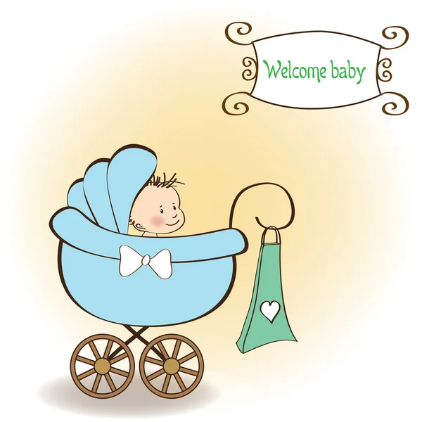 Baba fiú bejelentő kártya baba és babakocsi — Stock Fotó