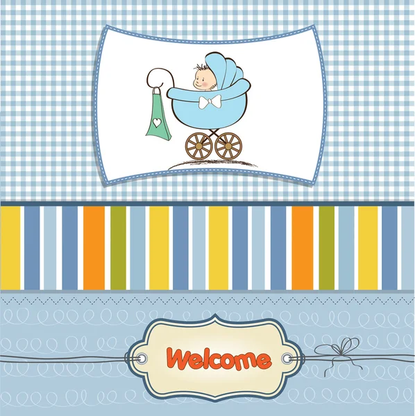 Baby boy announcement card with baby and pram — Stock Photo, Image