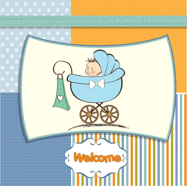 Baby boy ανακοίνωση κάρτα με το μωρό και το καροτσάκι — Φωτογραφία Αρχείου