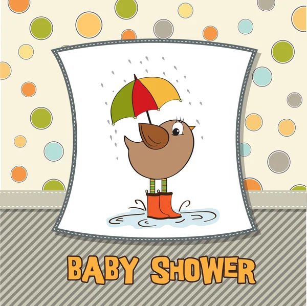 Baby shower kort med liten fågel stå i regnet — Stockfoto