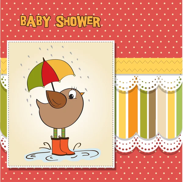 Cartão de chá de bebê com carrinho de pássaro pequeno na chuva — Fotografia de Stock