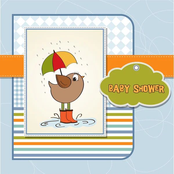 Baby shower card with little bird stand in the rain — Stock Photo, Image