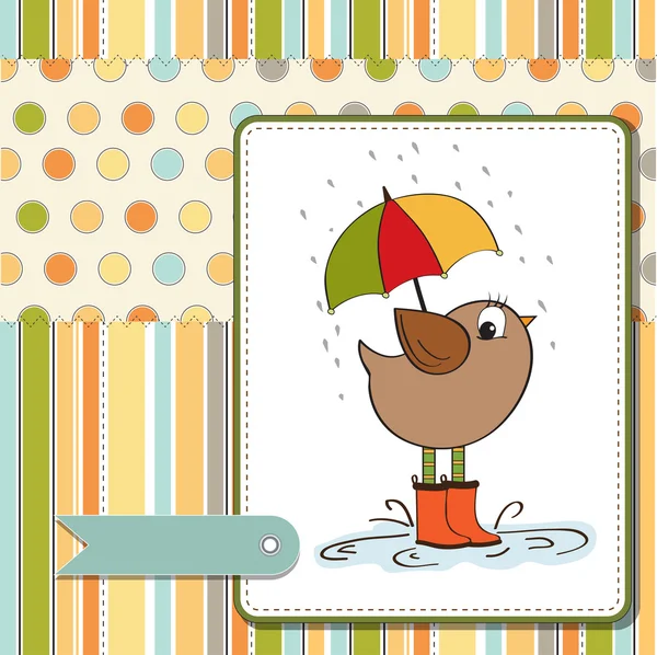 Cartão de chá de bebê com carrinho de pássaro pequeno na chuva — Fotografia de Stock