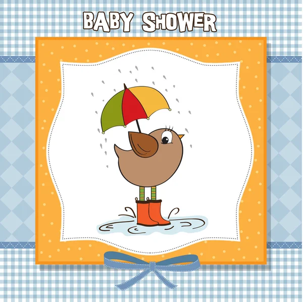 Baby shower card z małym ptaszkiem stojącym w deszczu — Zdjęcie stockowe