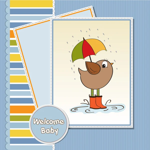 Bebek hediye kartı ve yağmurda küçük kuş standı. — Stok fotoğraf