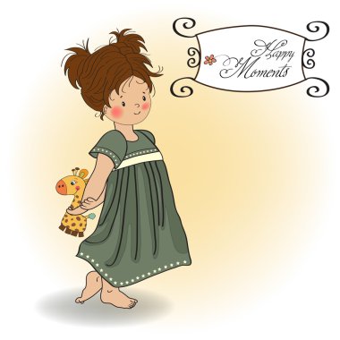 Young girl going to bed with her favorite toy, a giraffe clipart