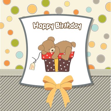 Birthday greeting card with teddy bear and big gift box clipart