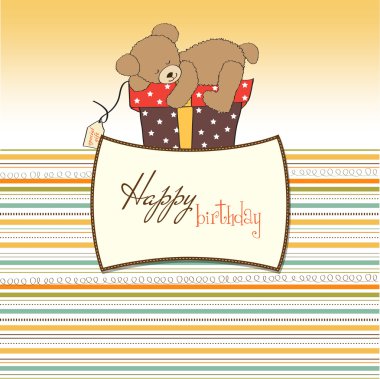 Birthday greeting card with teddy bear and big gift box clipart