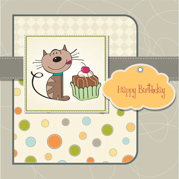 ケーキを食べるを待っている猫と誕生日グリーティング カード — ストック写真