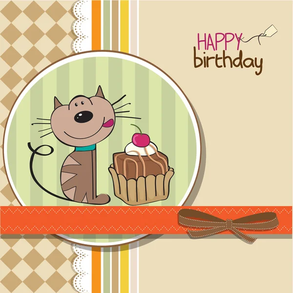 Biglietto di auguri di compleanno con un gatto in attesa di mangiare una torta — Foto Stock
