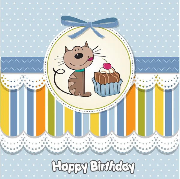 Ευχετήρια κάρτα γενεθλίων με μια γάτα που περιμένει να τρώνε ένα κέικ — Φωτογραφία Αρχείου