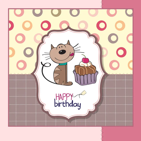 Születésnapi üdvözlés kártya-val egy macska, arra vár, hogy enni egy süti — Stock Fotó