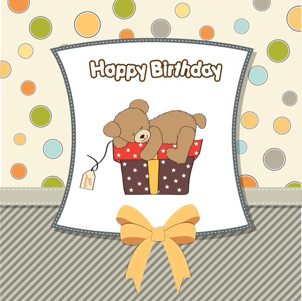 Birthday greeting card with teddy bear and big gift box — Stock Photo, Image