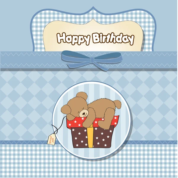 Tarjeta de felicitación de cumpleaños con oso de peluche y caja de regalo grande —  Fotos de Stock