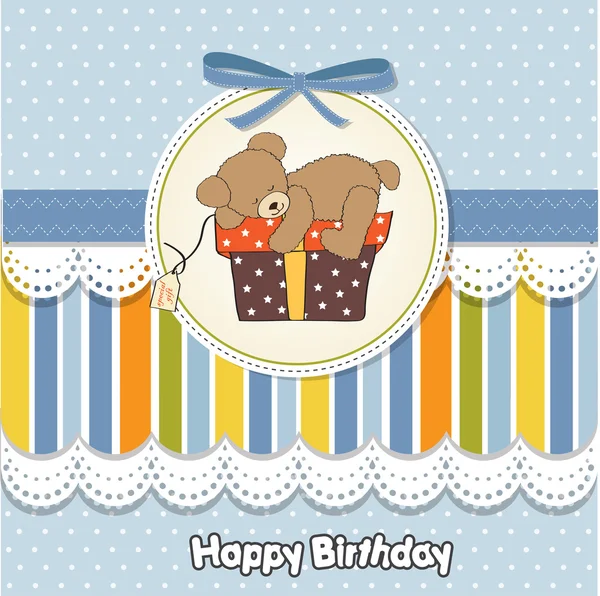 Ευχετήρια κάρτα γενεθλίων με αρκουδάκι και μεγάλο κουτί δώρου — Φωτογραφία Αρχείου