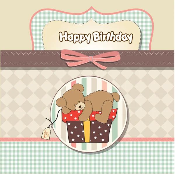 Cartão de aniversário com ursinho de pelúcia e caixa de presente grande — Fotografia de Stock