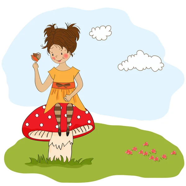 Hezká mladá dívka sedí na houbě a mluví s malým ptáčkem — Stock fotografie