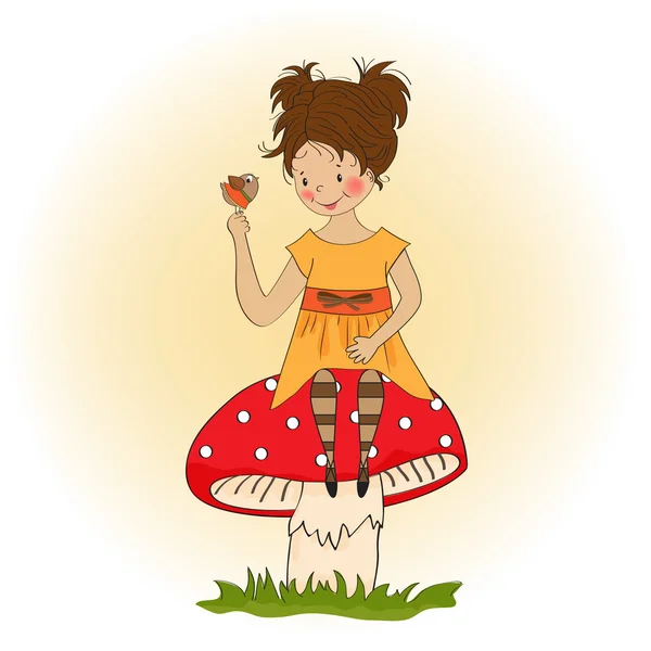 Hübsches junges Mädchen sitzt auf einem Pilz und spricht mit einem kleinen Vogel — Stockfoto