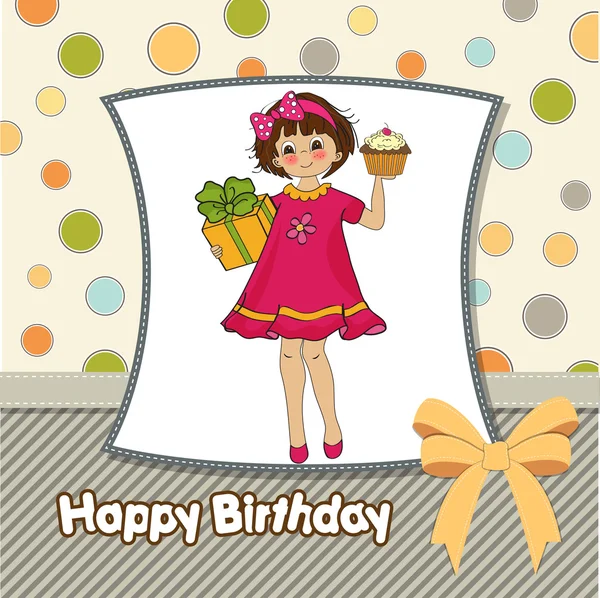 생일 축하 카드와 여자와 큰 컵 케익 — 스톡 사진