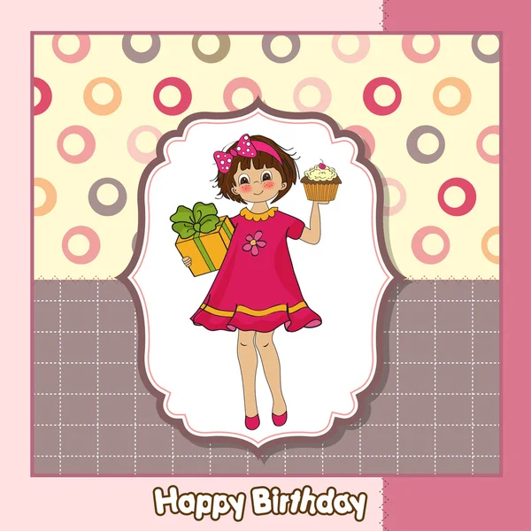Födelsedag gratulationskort med flicka och stor cupcake — Stockfoto