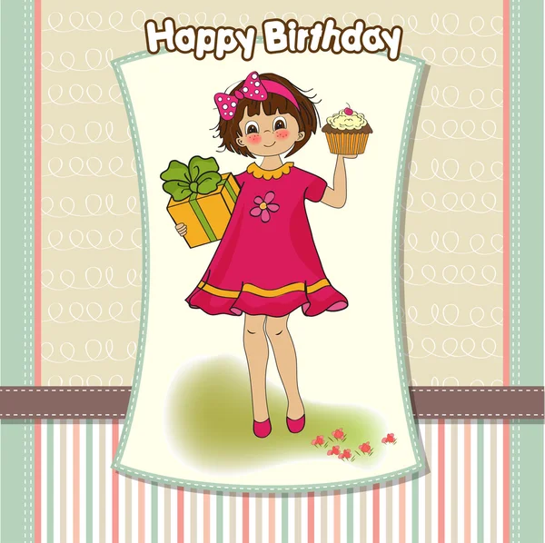 Birthday greeting card with girl and big cupcake — Stock Photo, Image