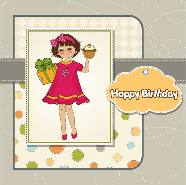誕生日挨拶カードとともに女の子と大きなカップケーキ — ストック写真