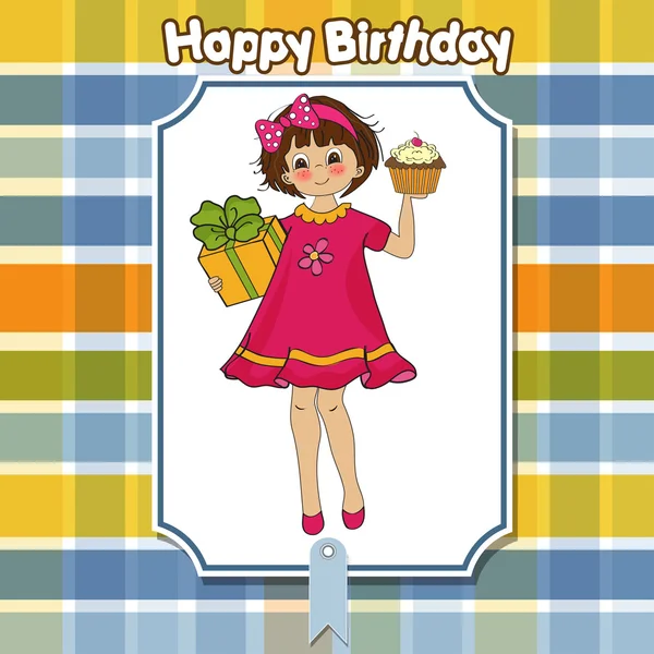 誕生日挨拶カードとともに女の子と大きなカップケーキ — ストック写真